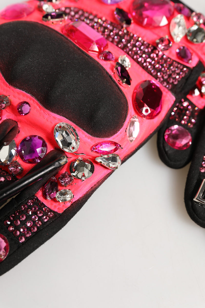 Dolce & Gabbana Gants Mitaines Noirs et Roses en Cristal