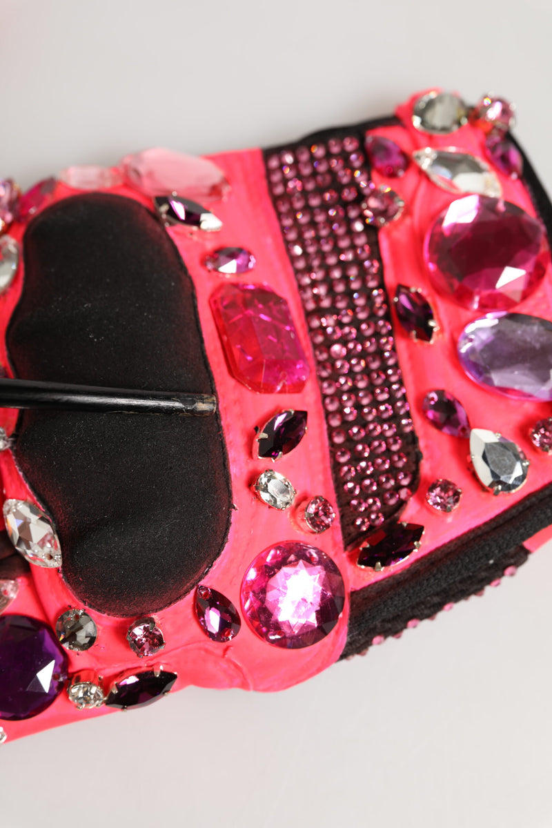 Dolce & Gabbana Gants Mitaines Noirs et Roses en Cristal