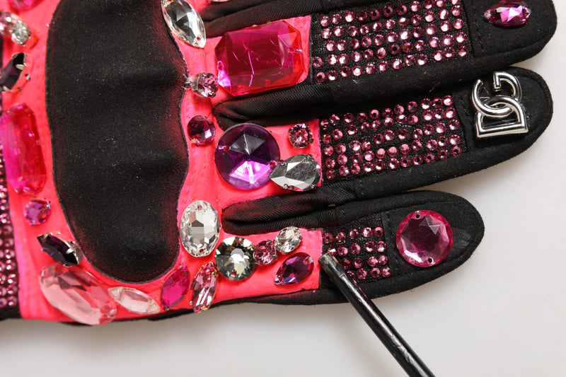 Dolce & Gabbana Gants Mitaines Noirs et Roses en Cristal