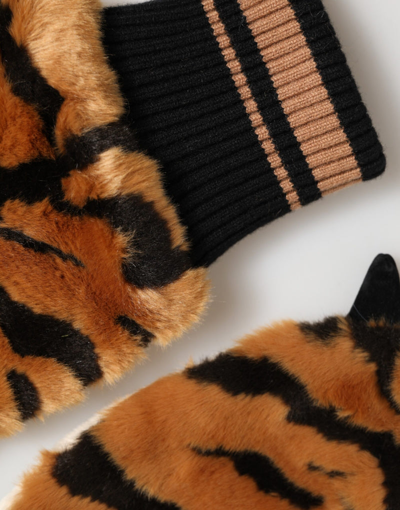 Dolce & Gabbana Brown Tiger Knitted Fur Wrist Mitten Gloves