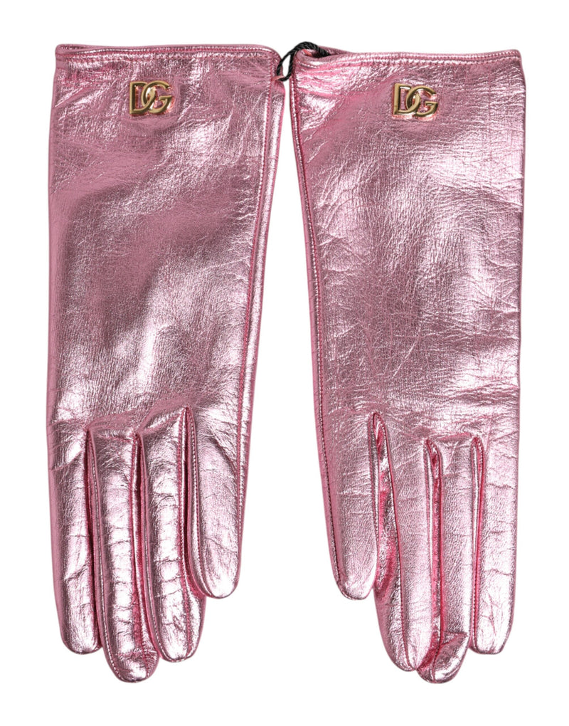 Gants Mitaines en Cuir Rose Dolce & Gabbana avec Logo DG