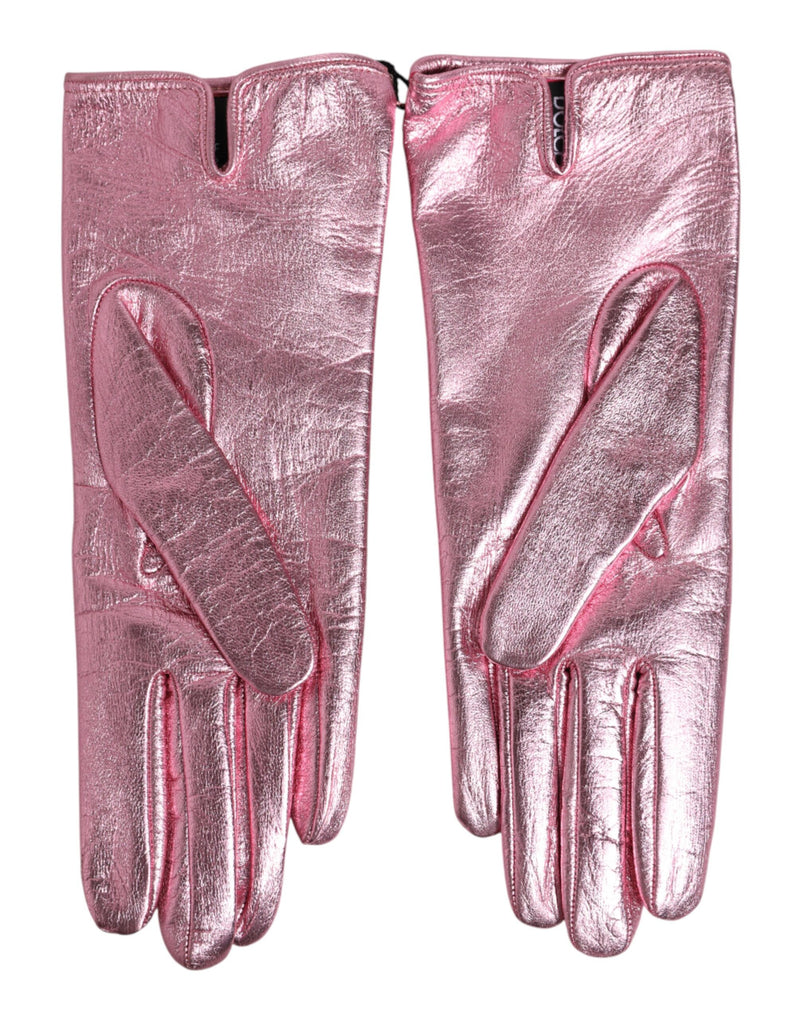 Gants Mitaines en Cuir Rose Dolce & Gabbana avec Logo DG