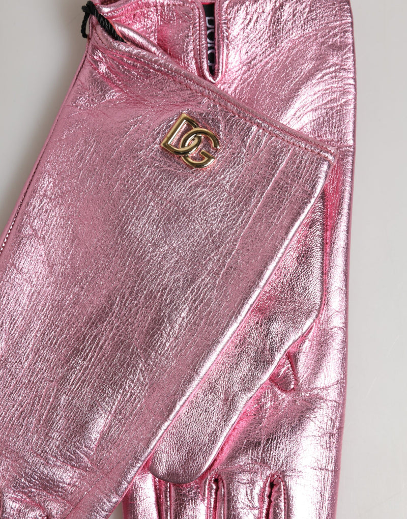 Gants Mitaines en Cuir Rose Dolce & Gabbana avec Logo DG