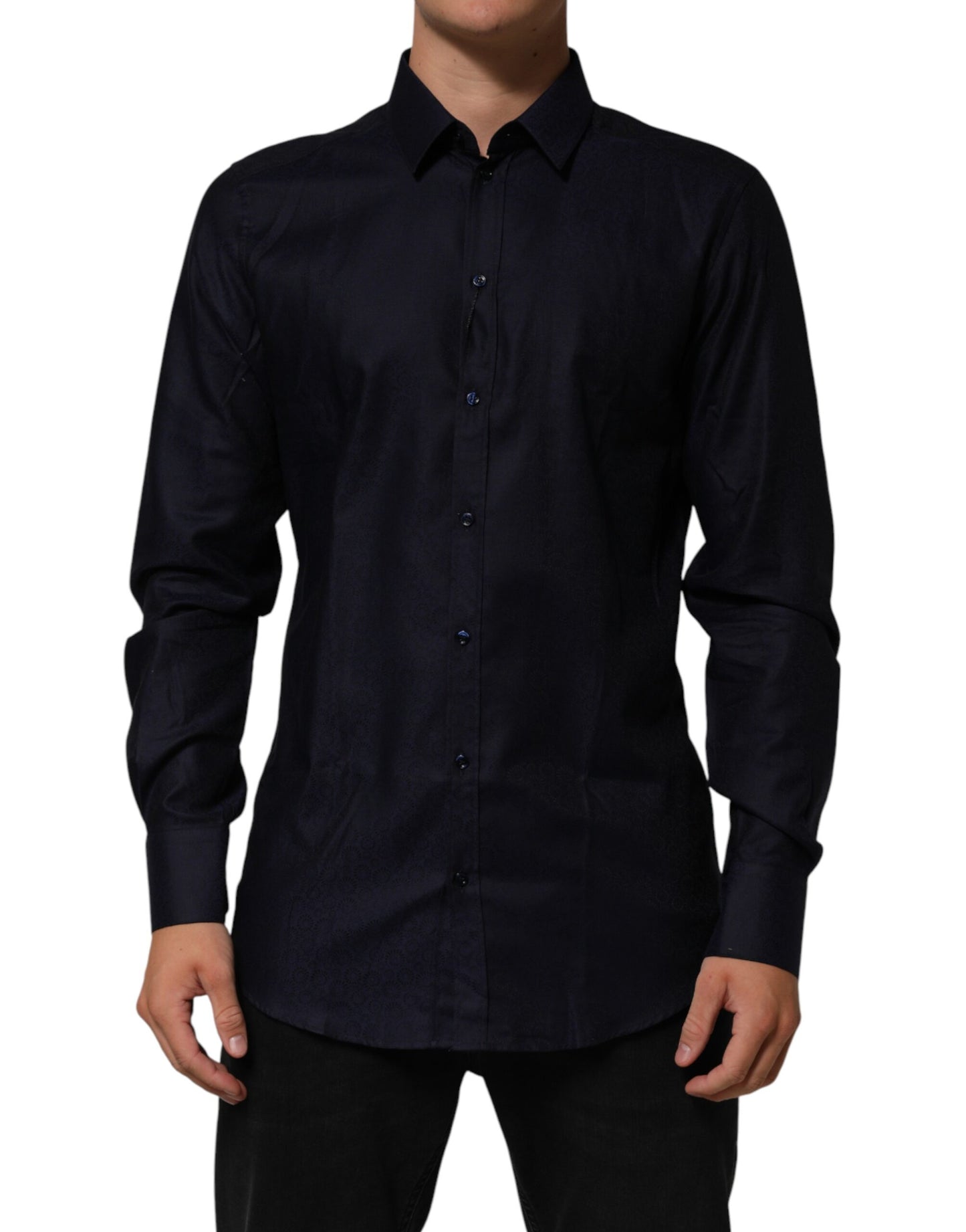 Chemise habillée homme Dolce &amp; Gabbana bleue en coton à col et manches longues, or.