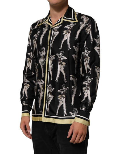 Chemise Dolce &amp; Gabbana en soie noire imprimée pin-up à boutons