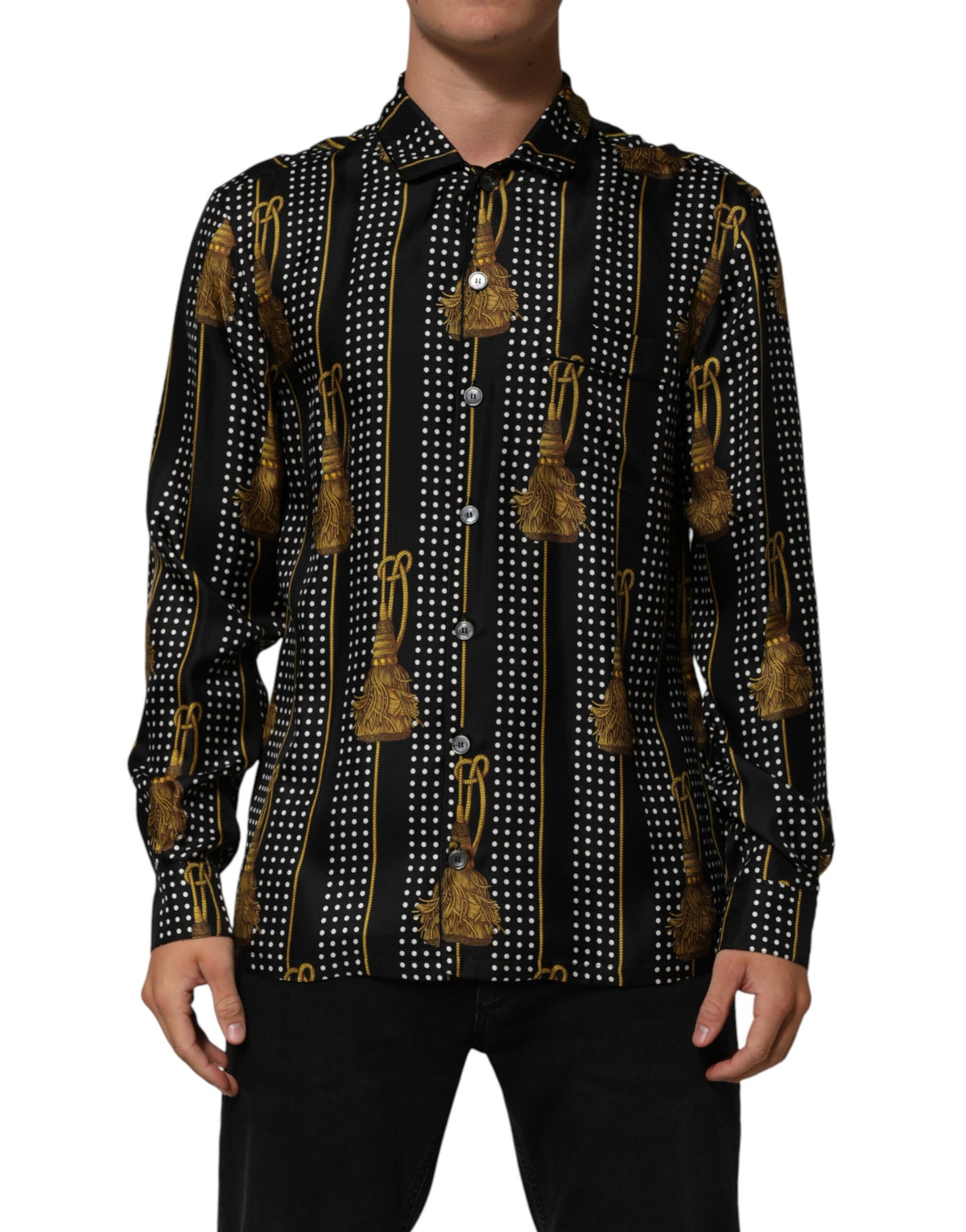 Chemise Dolce &amp; Gabbana noire à pois et pompons en soie boutonnée