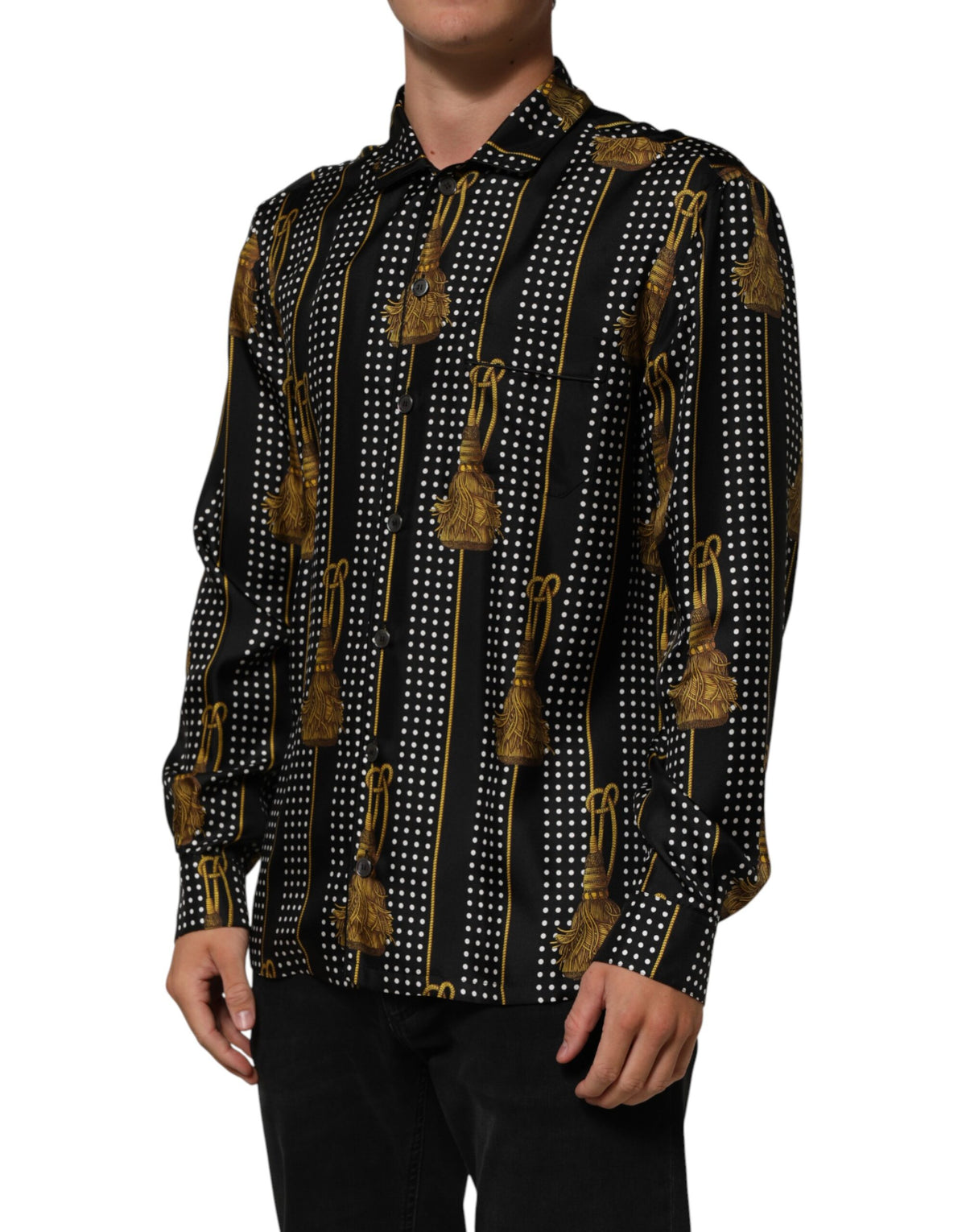 Chemise Dolce &amp; Gabbana noire à pois et pompons en soie boutonnée