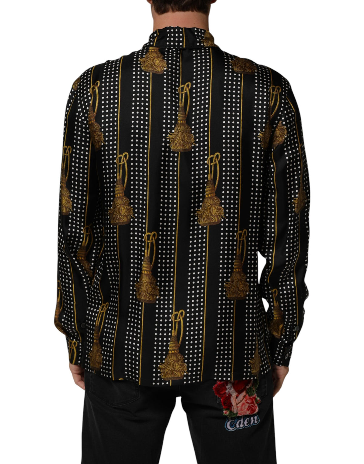 Chemise Dolce &amp; Gabbana noire à pois et pompons en soie boutonnée