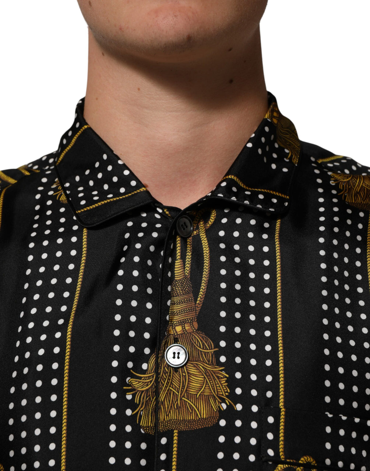 Chemise Dolce &amp; Gabbana noire à pois et pompons en soie boutonnée