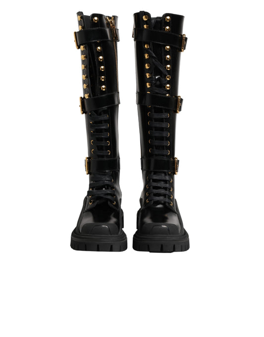 Dolce & Gabbana Black Buckle Embellished Knee High Boots