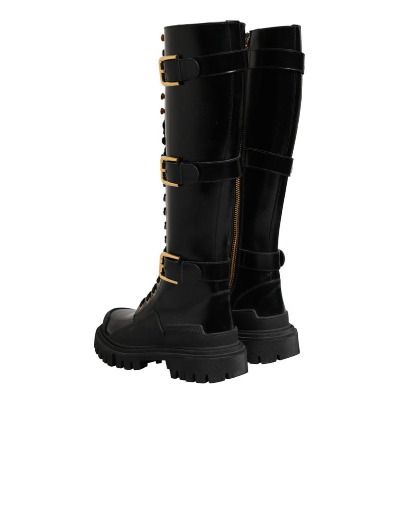 Dolce & Gabbana Black Buckle Embellished Knee High Boots