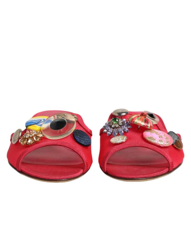 Dolce & Gabbana Red Embellished Flats Slip-On Sandals