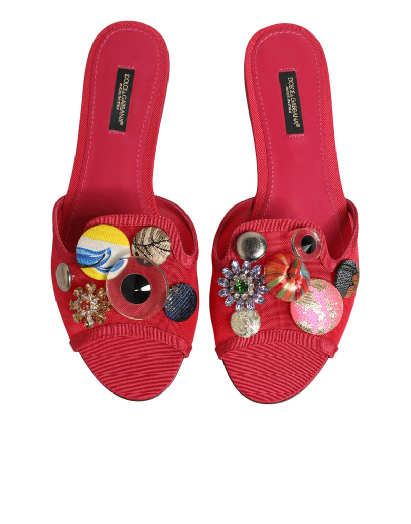 Dolce & Gabbana Red Embellished Flats Slip-On Sandals