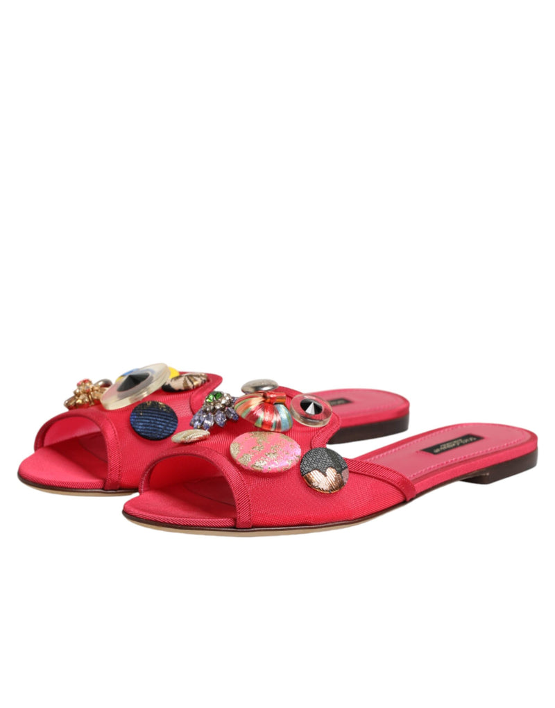 Dolce & Gabbana Red Embellished Flats Slip-On Sandals