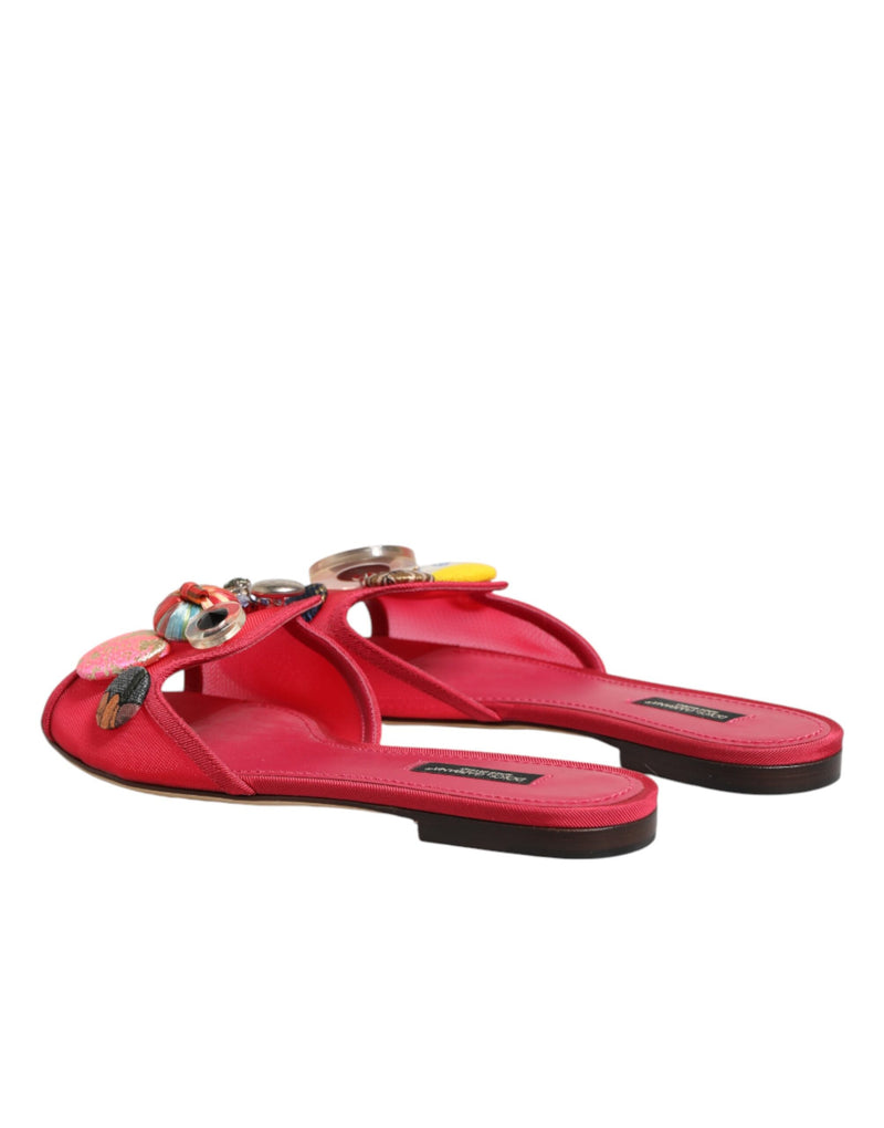 Dolce & Gabbana Red Embellished Flats Slip-On Sandals