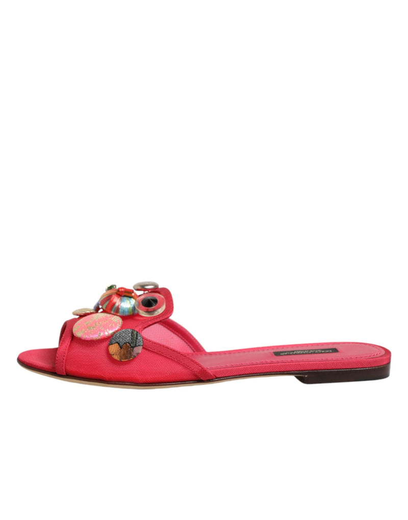 Dolce & Gabbana Red Embellished Flats Slip-On Sandals