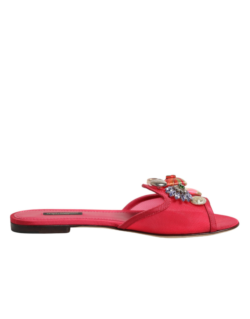 Dolce & Gabbana Red Embellished Flats Slip-On Sandals