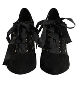 Dolce & Gabbana Black Floral High Heels Lace-Up Pumps