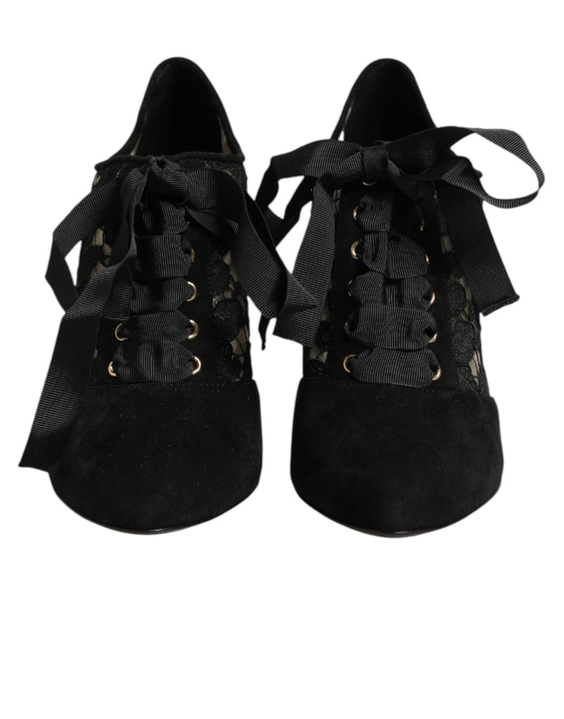 Dolce & Gabbana Black Floral High Heels Lace-Up Pumps