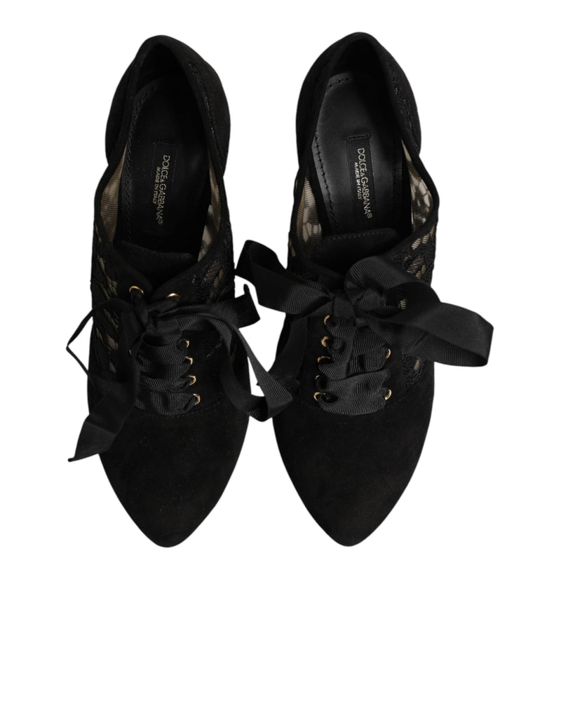 Dolce & Gabbana Black Floral High Heels Lace-Up Pumps
