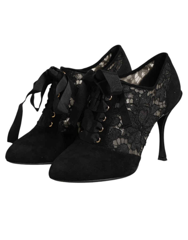 Dolce & Gabbana Black Floral High Heels Lace-Up Pumps