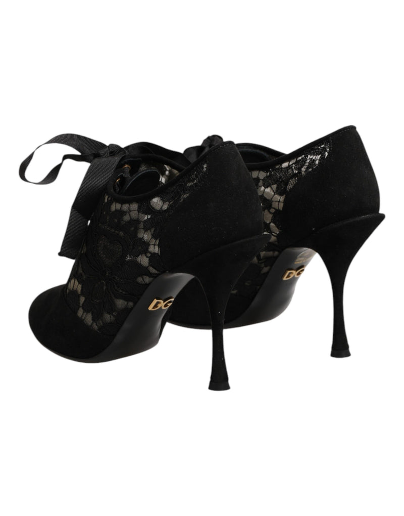 Dolce & Gabbana Black Floral High Heels Lace-Up Pumps