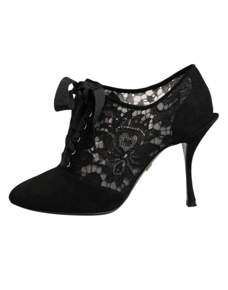 Dolce & Gabbana Black Floral High Heels Lace-Up Pumps