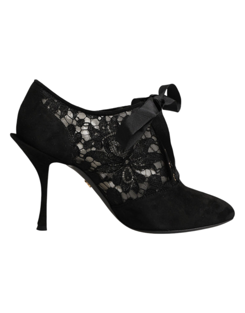 Dolce & Gabbana Black Floral High Heels Lace-Up Pumps