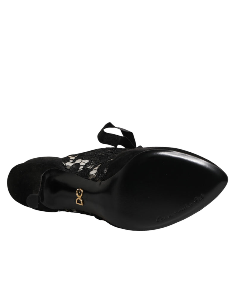 Dolce & Gabbana Black Floral High Heels Lace-Up Pumps