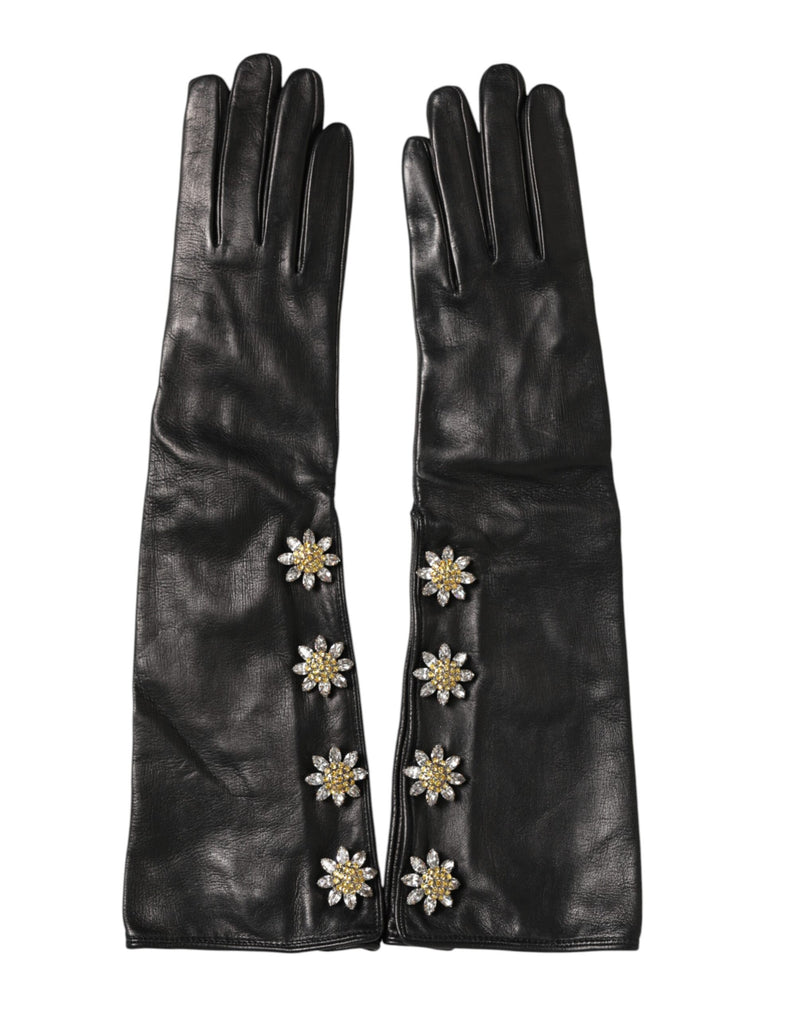 Dolce & Gabbana Gants Longs Mitaines en Cuir Noir Embellies