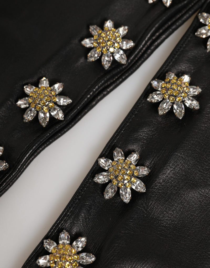 Dolce & Gabbana Gants Longs Mitaines en Cuir Noir Embellies