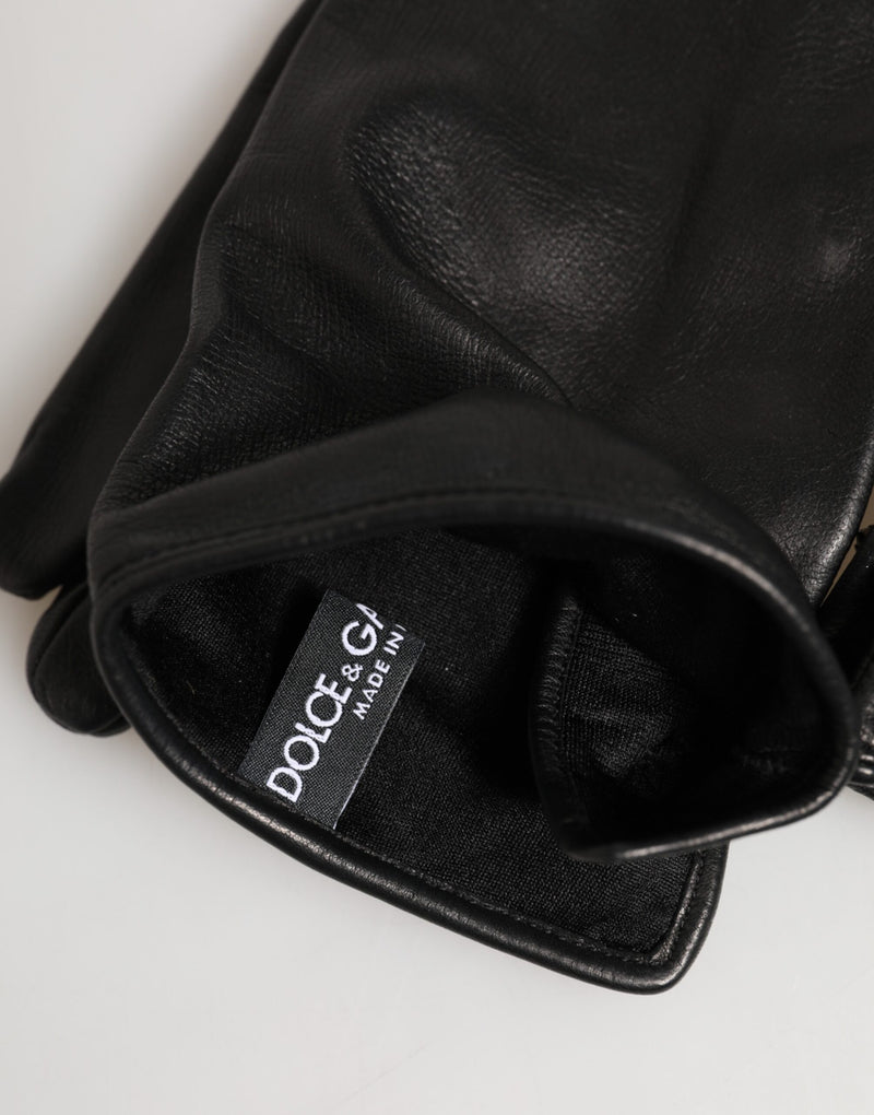 Dolce & Gabbana Gants Longs Mitaines en Cuir Noir Embellies
