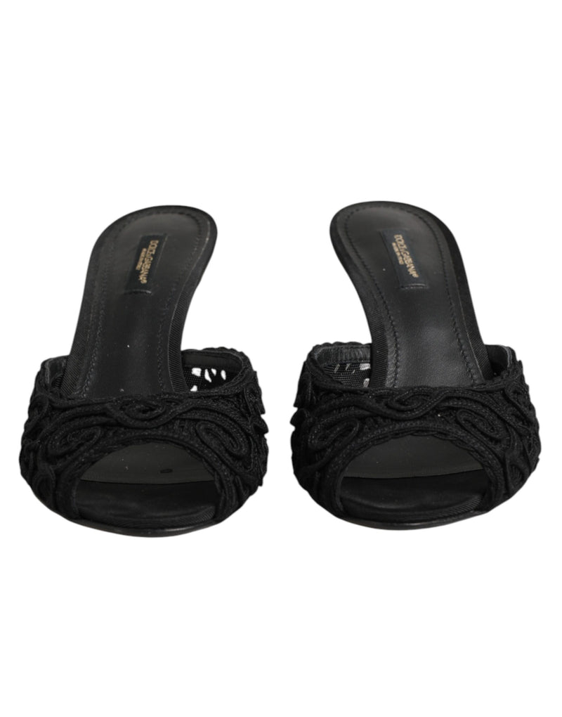 Dolce & Gabbana Black Embroidered Slip-On Heels Slides