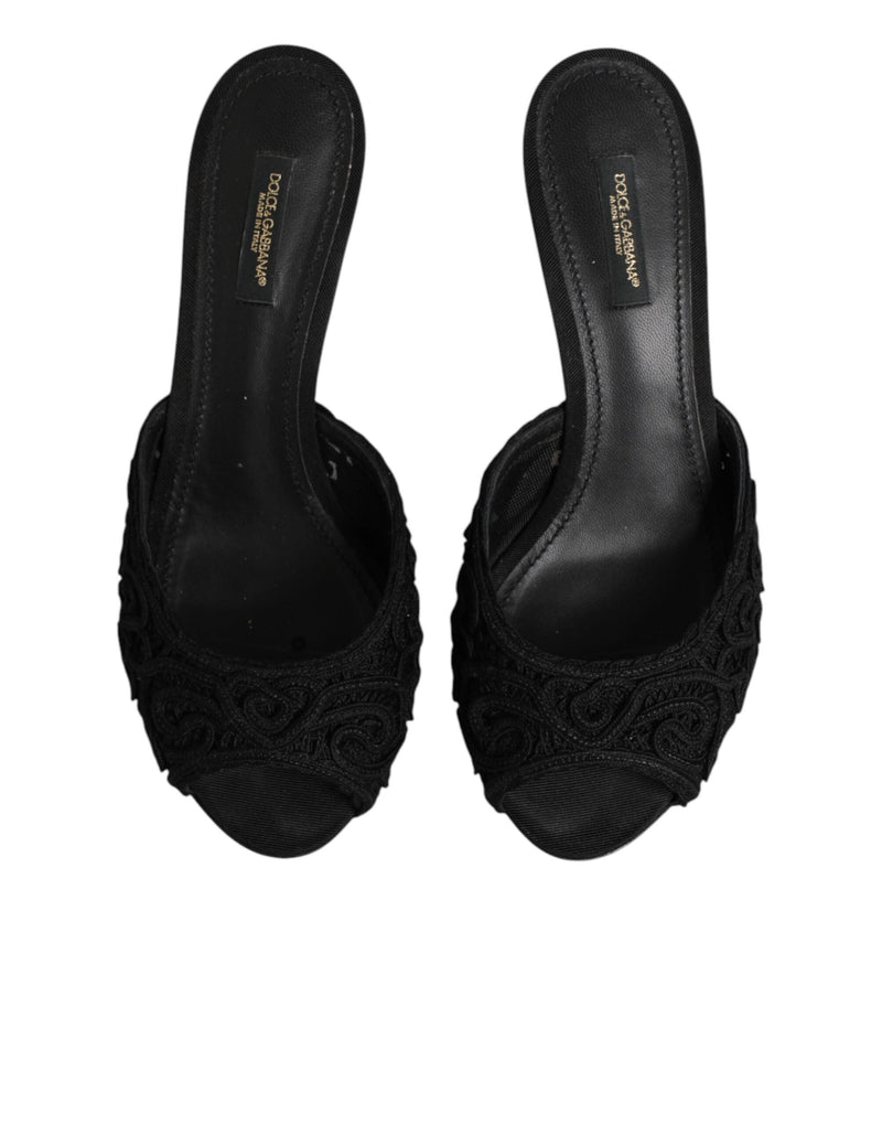 Dolce & Gabbana Black Embroidered Slip-On Heels Slides