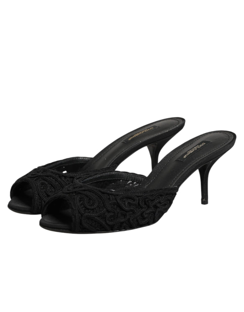 Dolce & Gabbana Black Embroidered Slip-On Heels Slides
