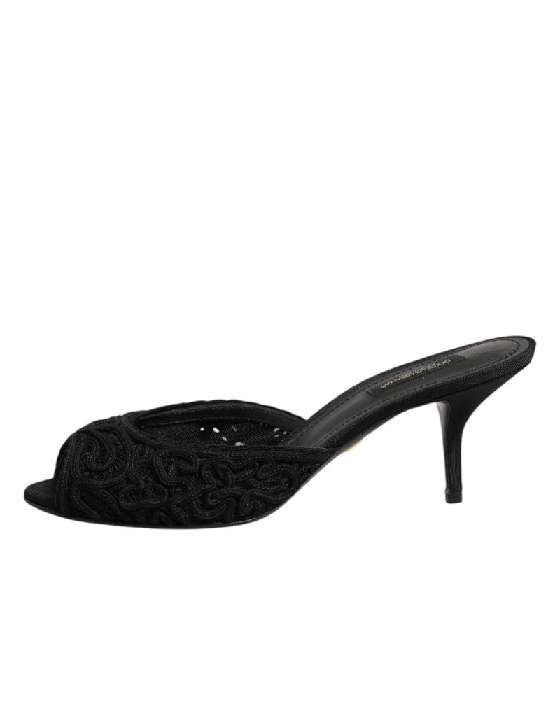 Dolce & Gabbana Black Embroidered Slip-On Heels Slides