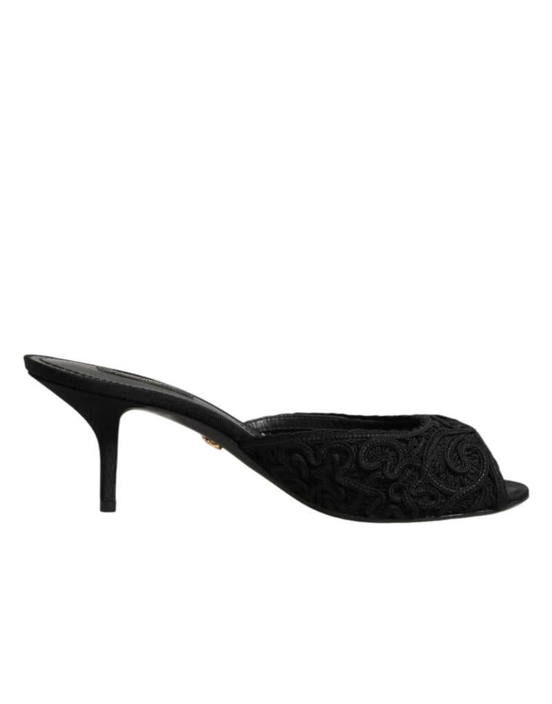 Dolce & Gabbana Black Embroidered Slip-On Heels Slides
