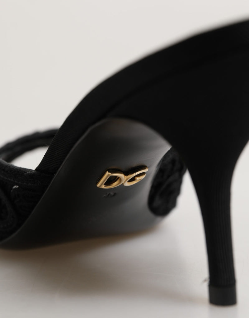 Dolce & Gabbana Black Embroidered Slip-On Heels Slides
