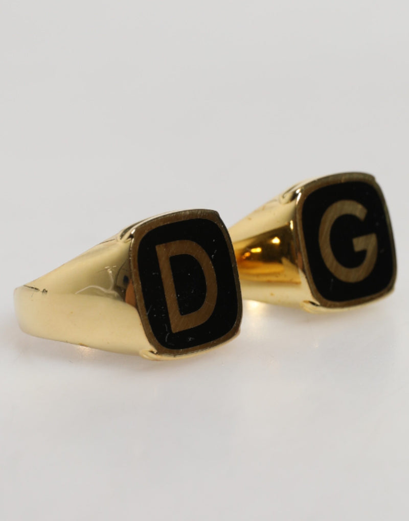 Dolce &amp; Gabbana Goudkleurige Echt Messing Zwarte Emaille "DG" Verstelbare Ringen