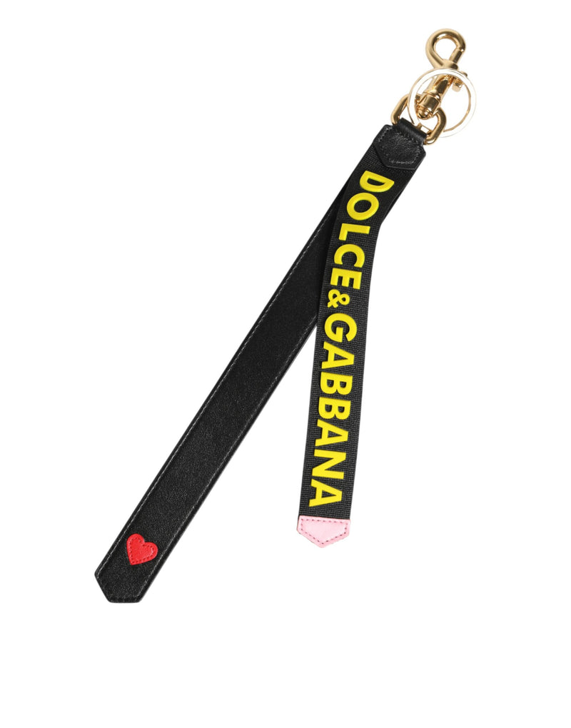 Dolce & Gabbana Black Yellow Logo Leather Brass Keychain