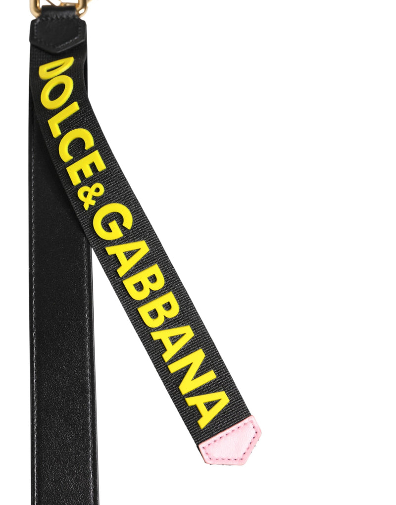Dolce & Gabbana Black Yellow Logo Leather Brass Keychain
