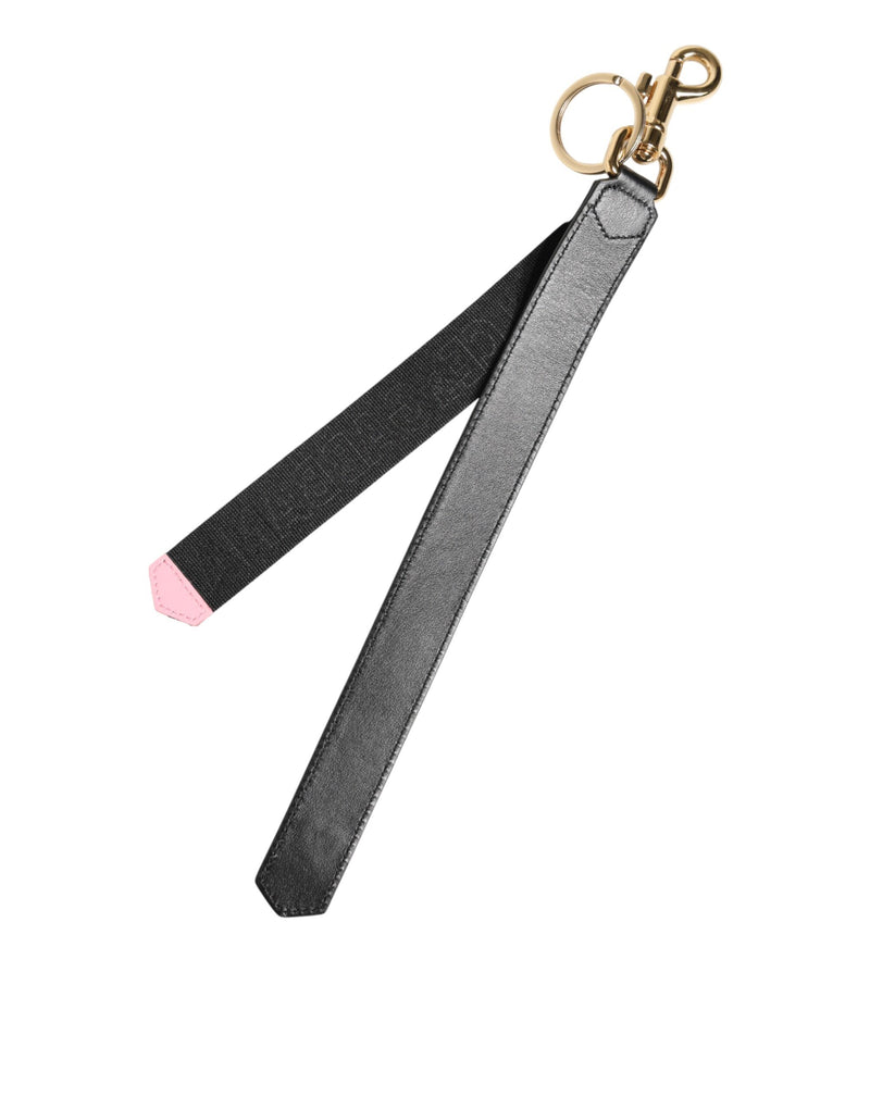 Dolce & Gabbana Black Yellow Logo Leather Brass Keychain