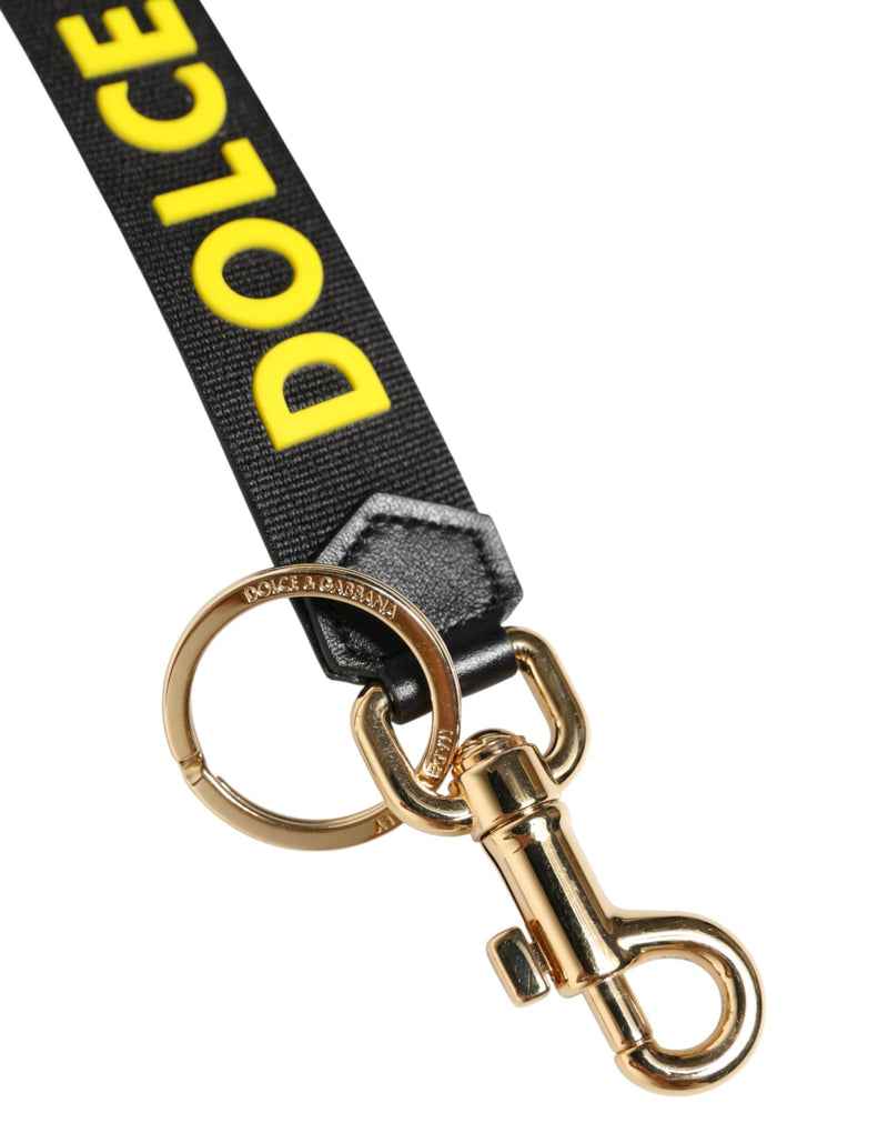 Dolce & Gabbana Black Yellow Logo Leather Brass Keychain