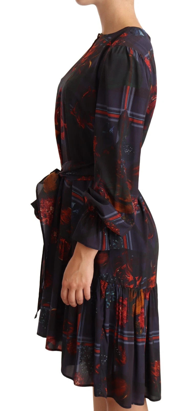 Ballantyne A-line Navy Blue Floral Silk Long Sleeve Dress