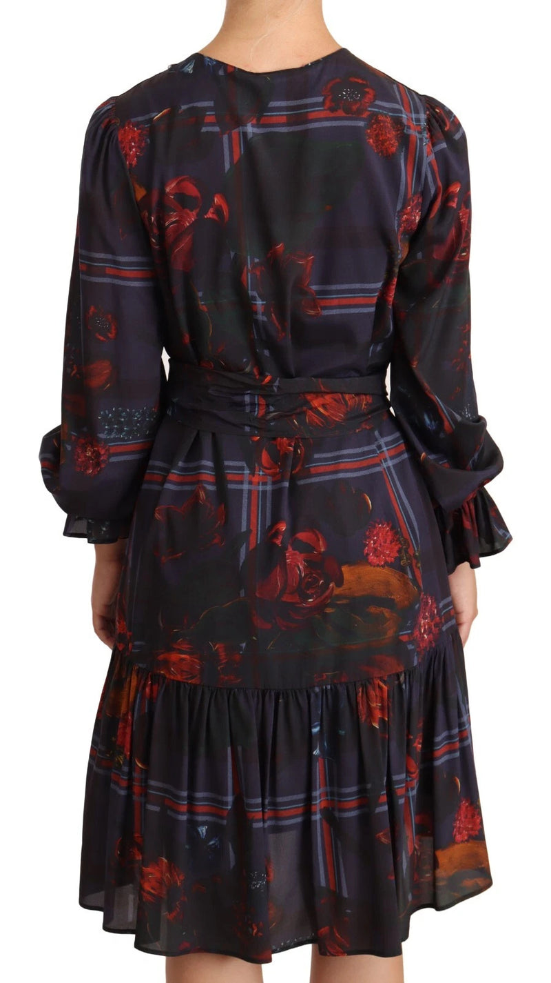 Ballantyne A-line Navy Blue Floral Silk Long Sleeve Dress