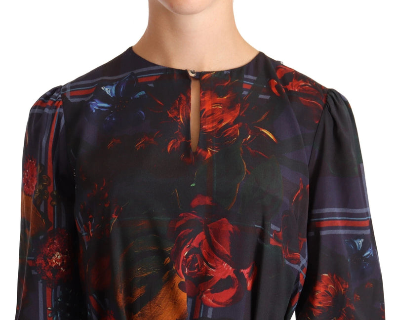 Ballantyne A-line Navy Blue Floral Silk Long Sleeve Dress