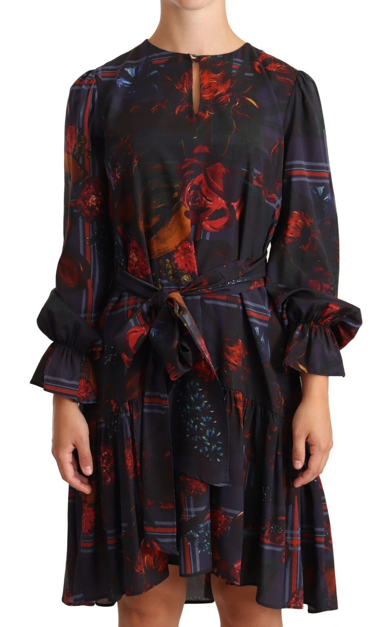 Ballantyne A-line Navy Blue Floral Silk Long Sleeve Dress