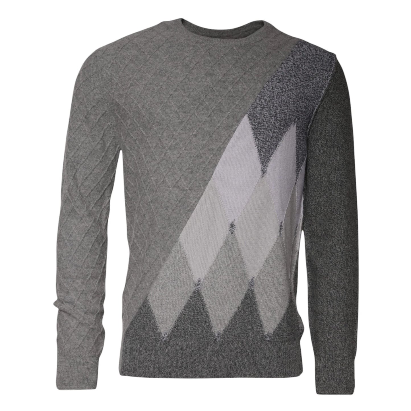 Pull homme Ballantyne gris en cachemire à motif losanges et maille intarsia, col rond