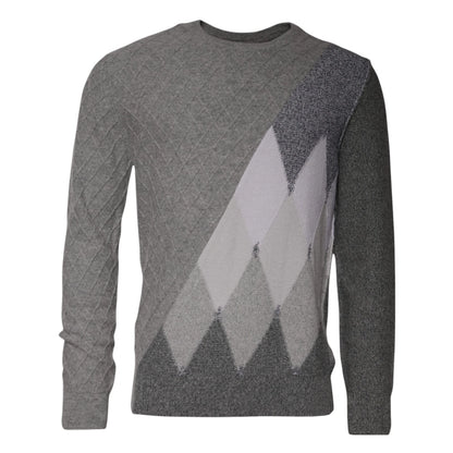 Pull homme Ballantyne gris en cachemire à motif losanges et maille intarsia, col rond