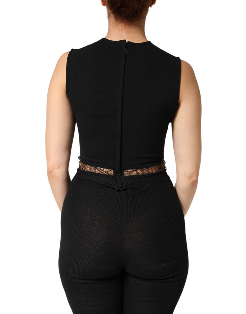 Dolce & Gabbana Black Jersey Lace Ruching Rhinestone Tank Top